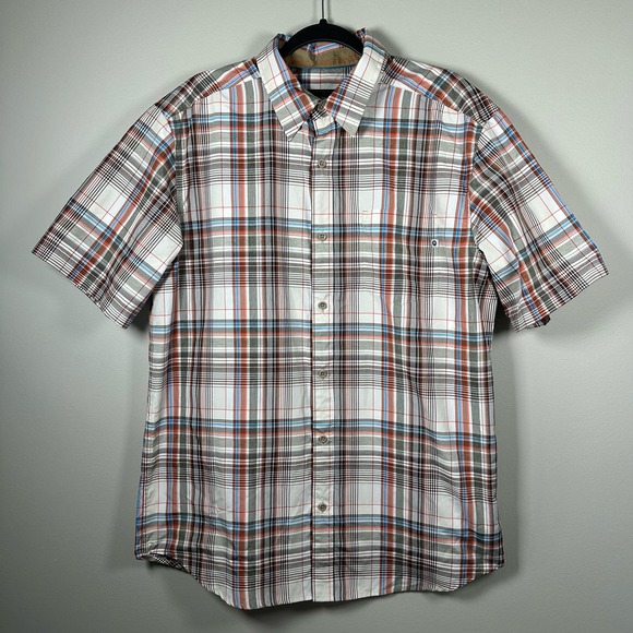 Marmot Large Tan Orange Gray Plaid Short Sleeve‎ Button Up Shirt - Picture 1 of 5